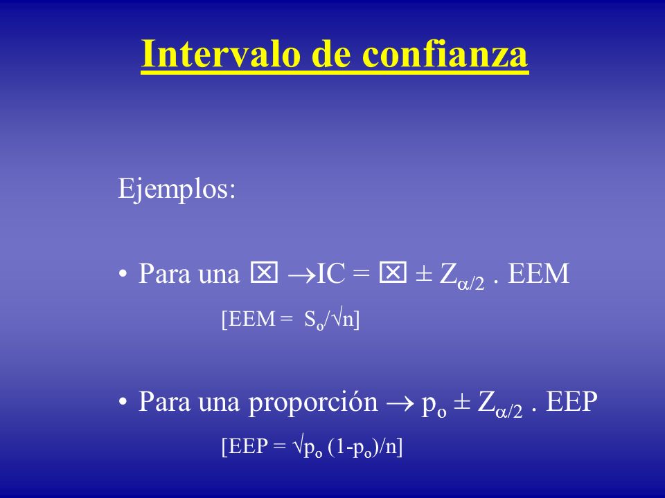 Intervalo de confianza Ejemplos: Para una IC = ± Z /2.