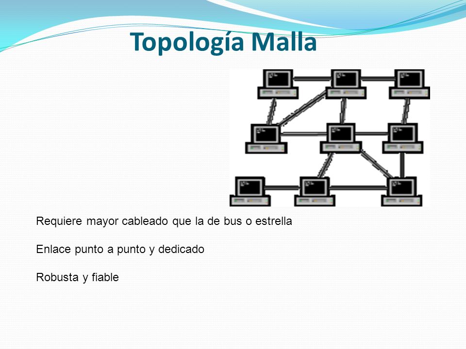 Topología Malla Requiere mayor cableado que la de bus o estrella Enlace punto a punto y dedicado Robusta y fiable