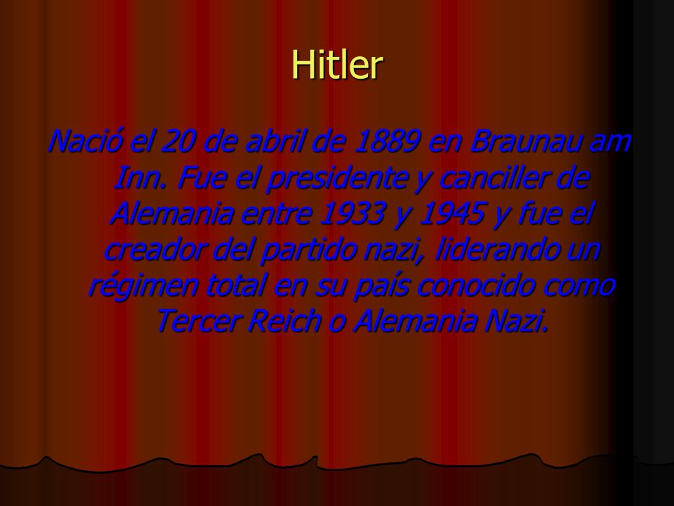 Hitler Nació el 20 de abril de 1889 en Braunau am Inn.