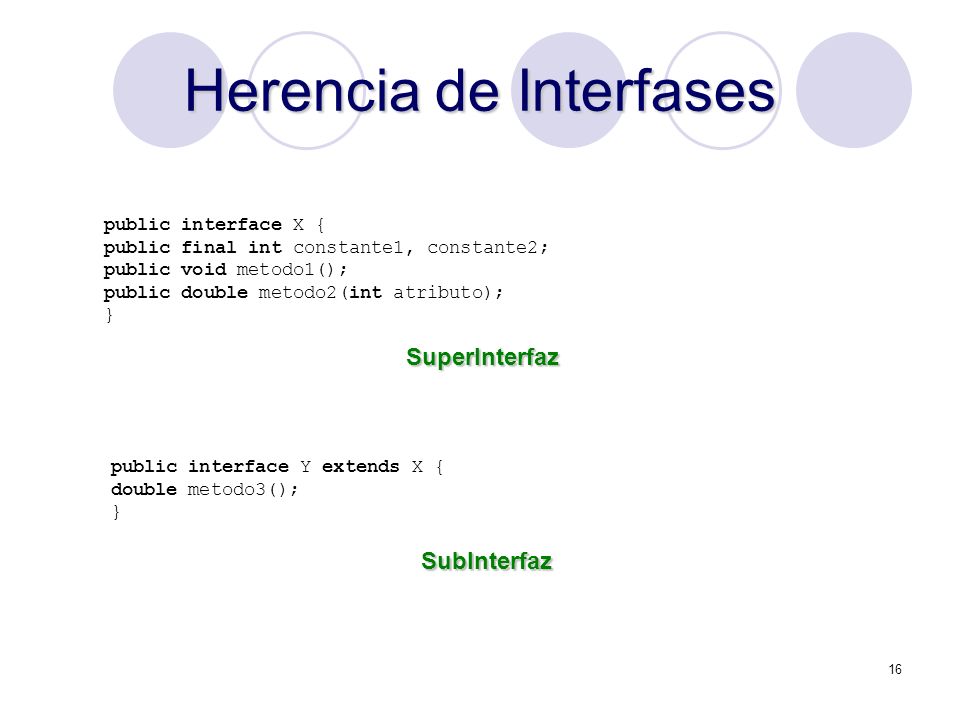 16 Herencia de Interfases public interface X { public final int constante1, constante2; public void metodo1(); public double metodo2(int atributo); } public interface Y extends X { double metodo3(); } SuperInterfaz SubInterfaz