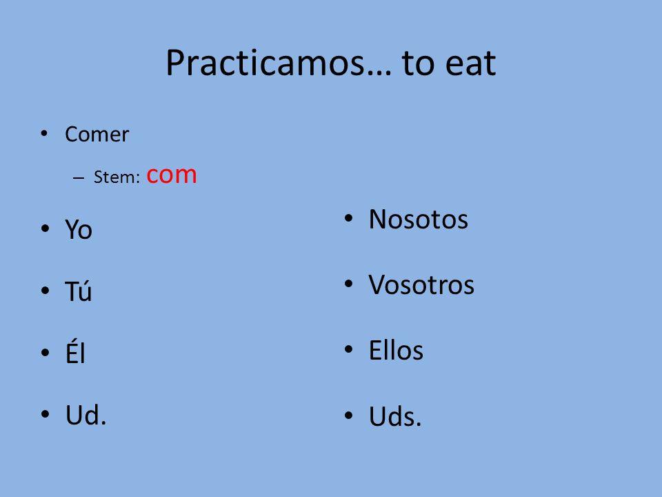 Practicamos… to eat Comer – Stem: com Yo Tú Él Ud. Nosotos Vosotros Ellos Uds.