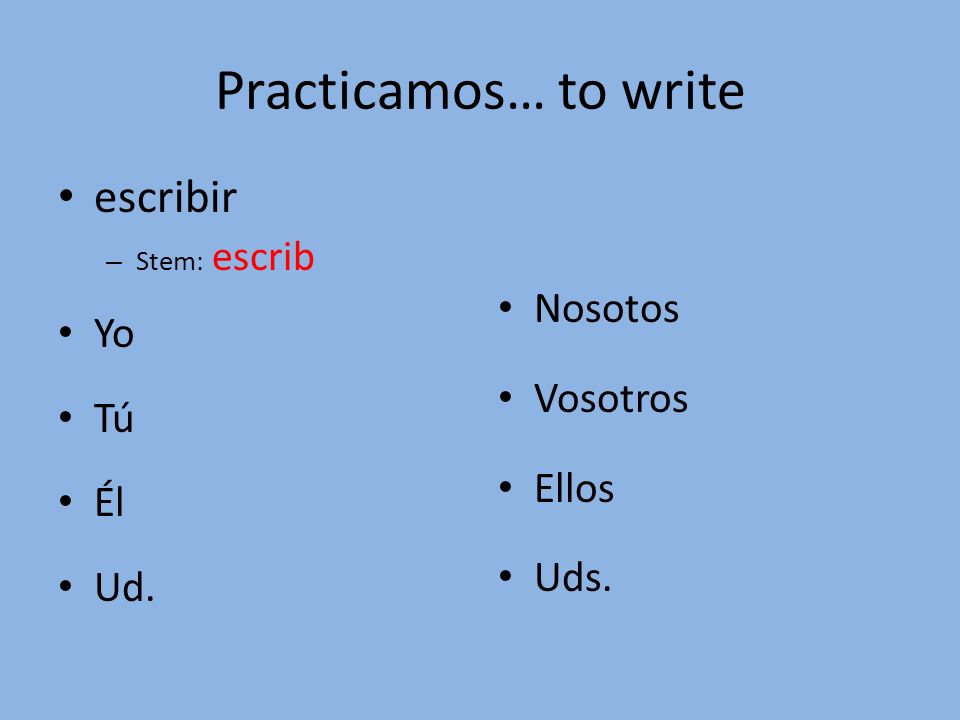 Practicamos… to write escribir – Stem: escrib Yo Tú Él Ud. Nosotos Vosotros Ellos Uds.