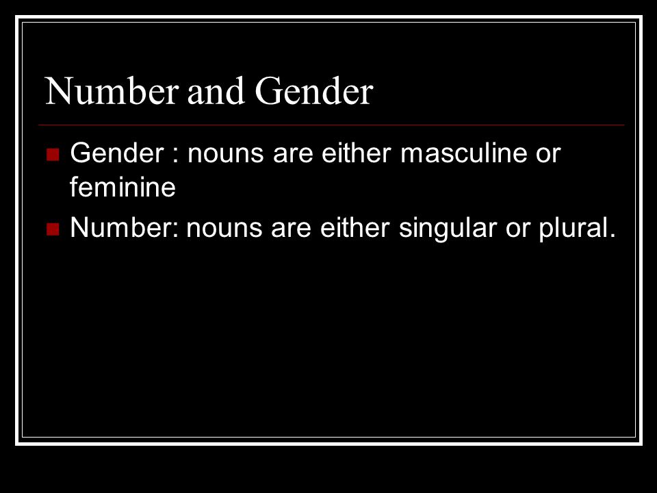 Number and Gender Gender : nouns are either masculine or feminine Number: nouns are either singular or plural.
