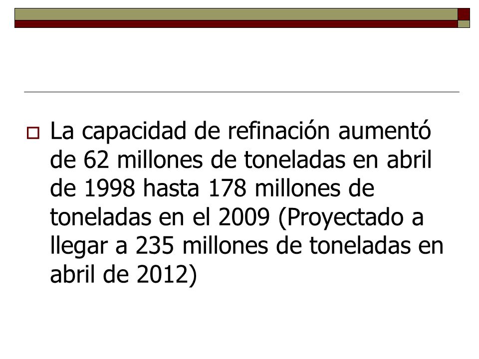 La capacidad de refinación aumentó de 62 millones de toneladas en abril de 1998 hasta 178 millones de toneladas en el 2009 (Proyectado a llegar a 235 millones de toneladas en abril de 2012)
