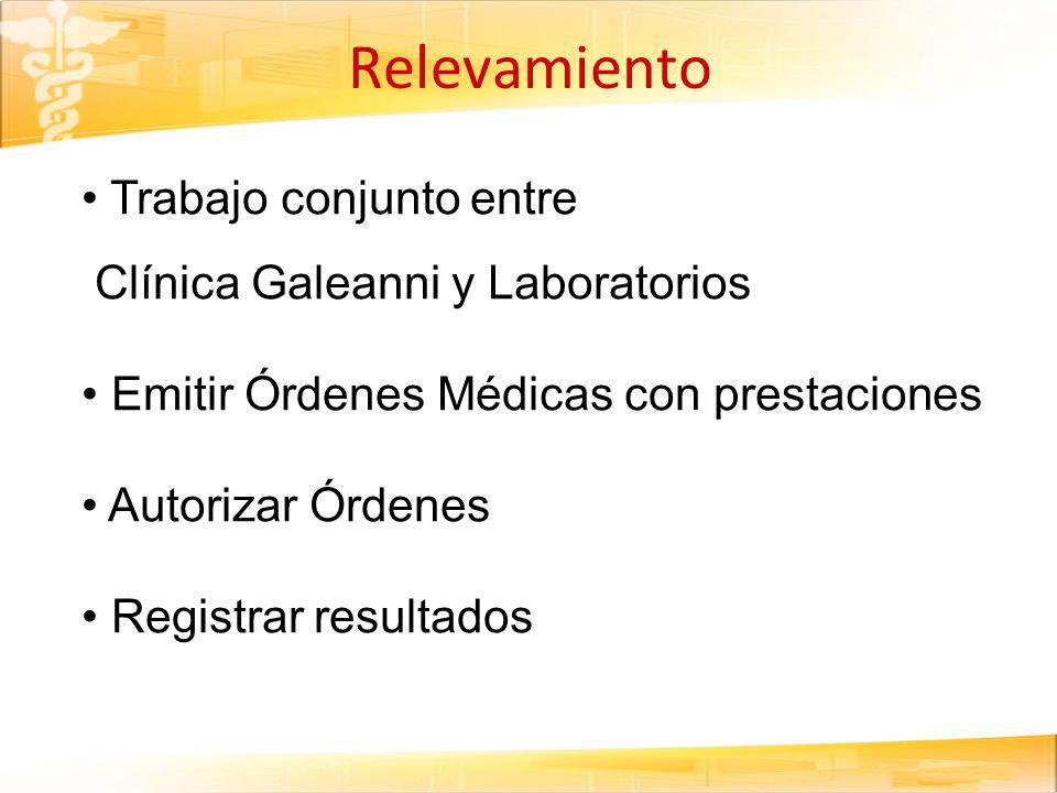 Relevamiento Trabajo conjunto entre Clínica Galeanni y Laboratorios Emitir Órdenes Médicas con prestaciones Autorizar Órdenes Registrar resultados