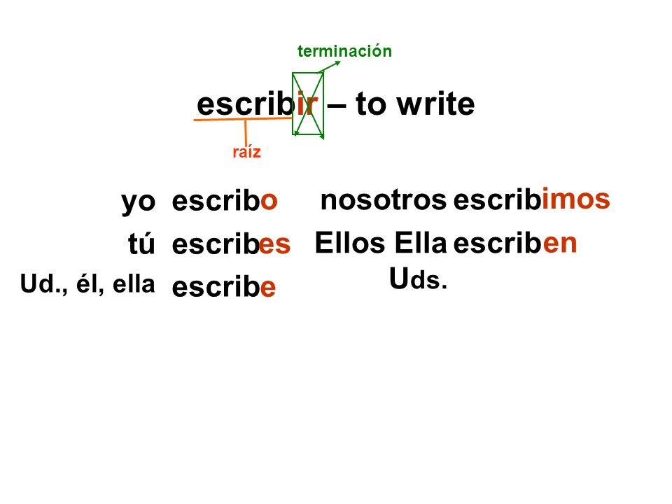 escribir – to write escrib nosotros Ellos Ella U ds.