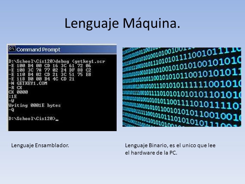 Lenguaje Máquina. Lenguaje Ensamblador.Lenguaje Binario, es el unico que lee el hardware de la PC.