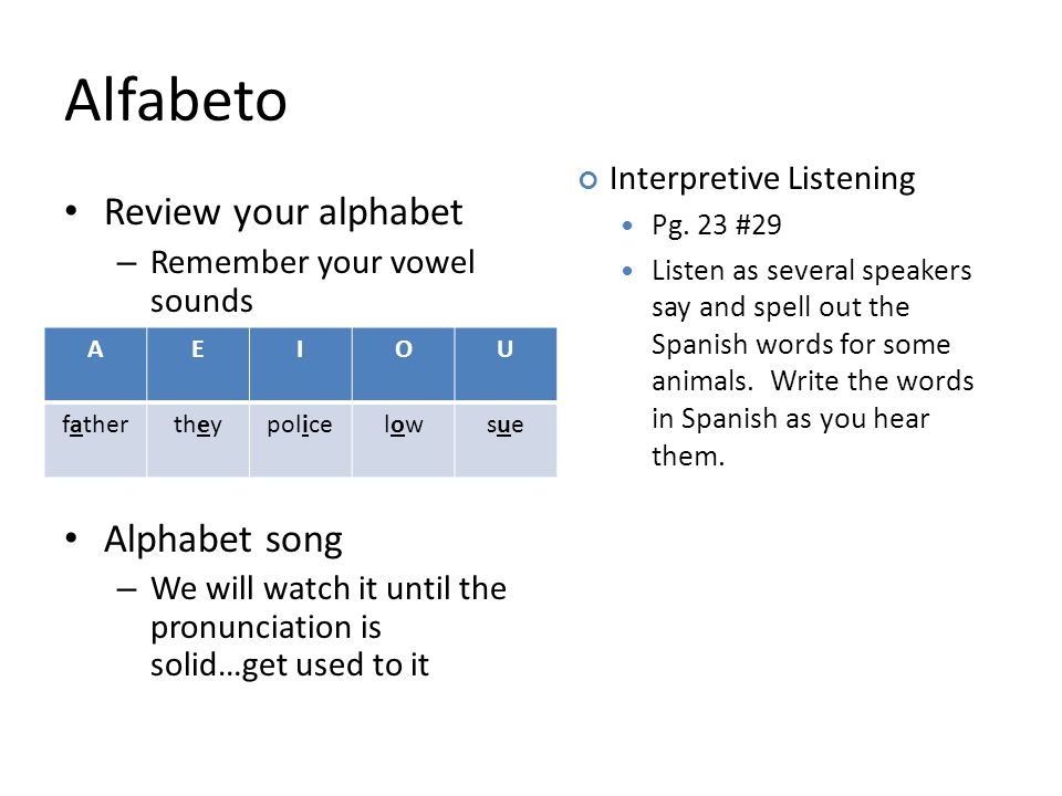 Alfabeto Review your alphabet – Remember your vowel sounds Alphabet song – We will watch it until the pronunciation is solid…get used to it AEIOU fathertheypolicelowlowsuesue Interpretive Listening Pg.