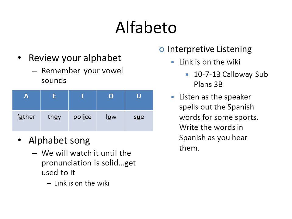 Alfabeto Review your alphabet – Remember your vowel sounds Alphabet song – We will watch it until the pronunciation is solid…get used to it – Link is on the wiki AEIOU fathertheypolicelowlowsuesue Interpretive Listening Link is on the wiki Calloway Sub Plans 3B Listen as the speaker spells out the Spanish words for some sports.