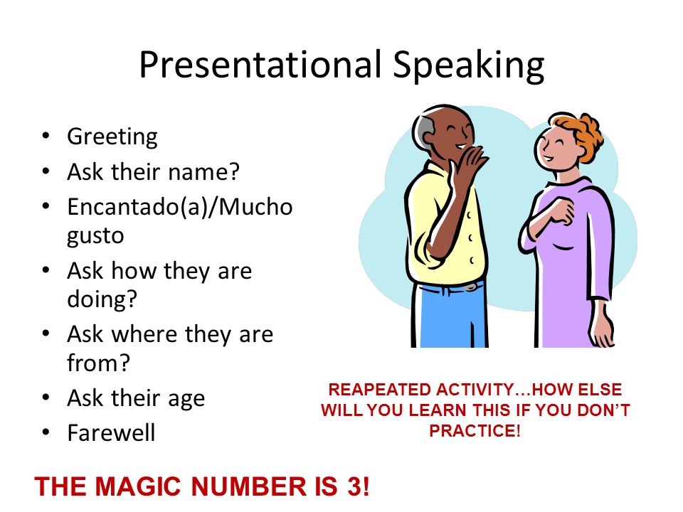 Presentational Speaking Greeting Ask their name. Encantado(a)/Mucho gusto Ask how they are doing.