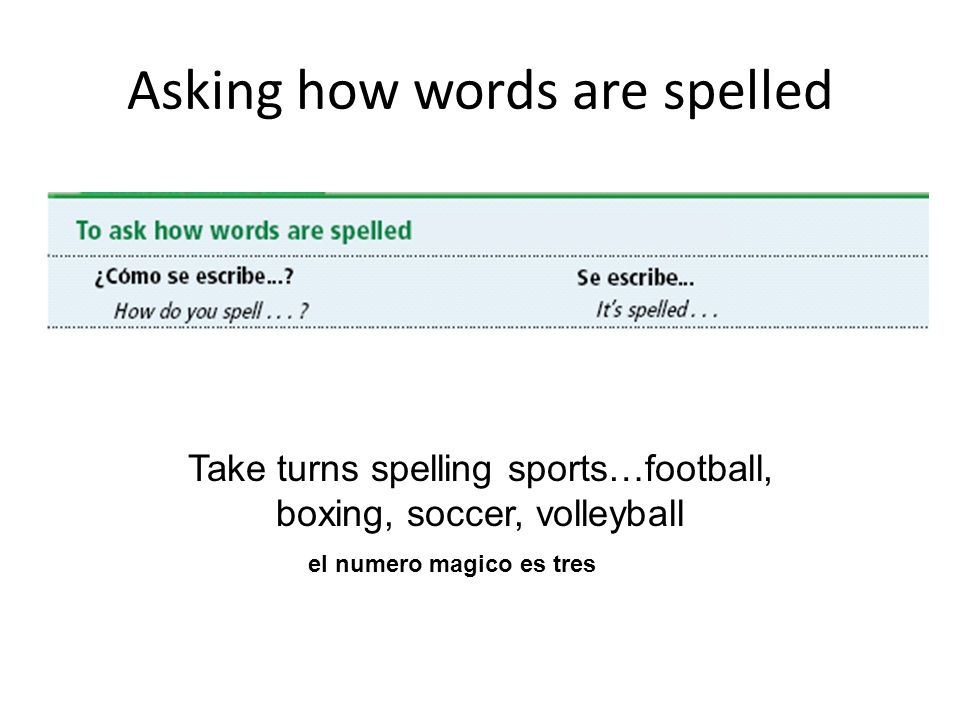 Asking how words are spelled el numero magico es tres Take turns spelling sports…football, boxing, soccer, volleyball