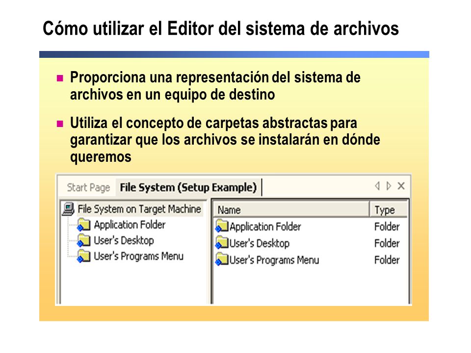 Cómo utilizar el Editor del sistema de archivos Proporciona una representación del sistema de archivos en un equipo de destino Utiliza el concepto de carpetas abstractas para garantizar que los archivos se instalarán en dónde queremos