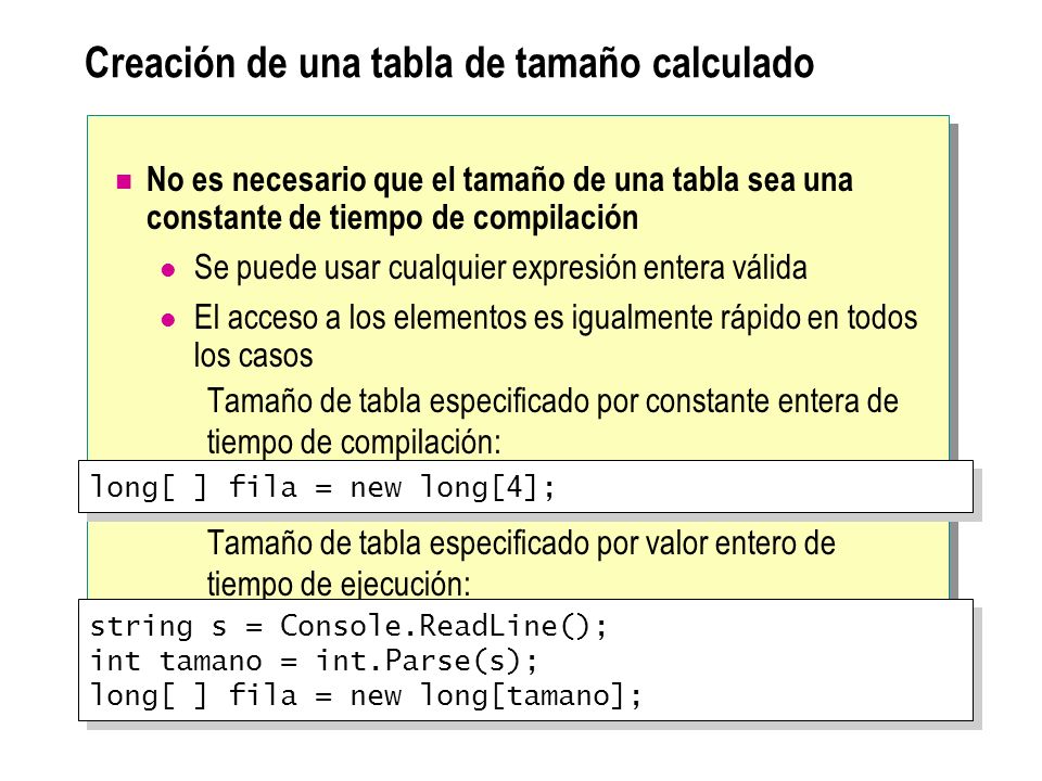 Creación de una tabla de tamaño calculado No es necesario que el tamaño de una tabla sea una constante de tiempo de compilación Se puede usar cualquier expresión entera válida El acceso a los elementos es igualmente rápido en todos los casos Tamaño de tabla especificado por constante entera de tiempo de compilación: Tamaño de tabla especificado por valor entero de tiempo de ejecución: long[ ] fila = new long[4]; string s = Console.ReadLine(); int tamano = int.Parse(s); long[ ] fila = new long[tamano]; string s = Console.ReadLine(); int tamano = int.Parse(s); long[ ] fila = new long[tamano];