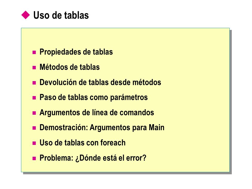 Propiedades de tablas Métodos de tablas Devolución de tablas desde métodos Paso de tablas como parámetros Argumentos de línea de comandos Demostración: Argumentos para Main Uso de tablas con foreach Problema: ¿Dónde está el error.
