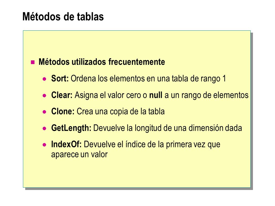 Métodos de tablas Métodos utilizados frecuentemente Sort: Ordena los elementos en una tabla de rango 1 Clear: Asigna el valor cero o null a un rango de elementos Clone: Crea una copia de la tabla GetLength: Devuelve la longitud de una dimensión dada IndexOf: Devuelve el índice de la primera vez que aparece un valor