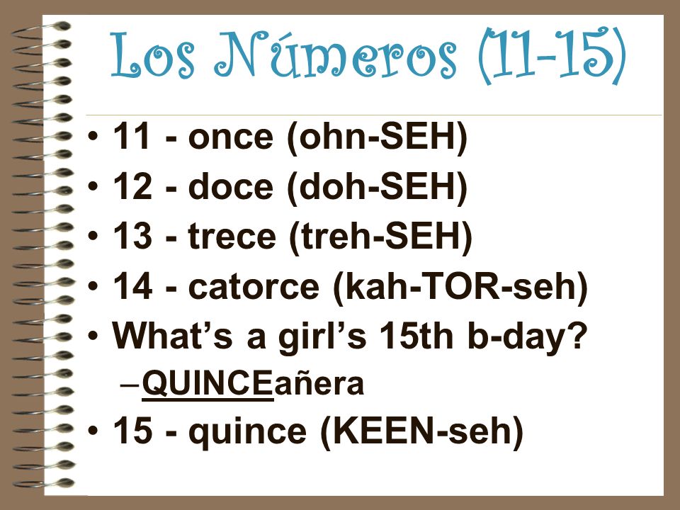 Los Números (11-15) 11 - once (ohn-SEH) 12 - doce (doh-SEH) 13 - trece (treh-SEH) 14 - catorce (kah-TOR-seh) Whats a girls 15th b-day.