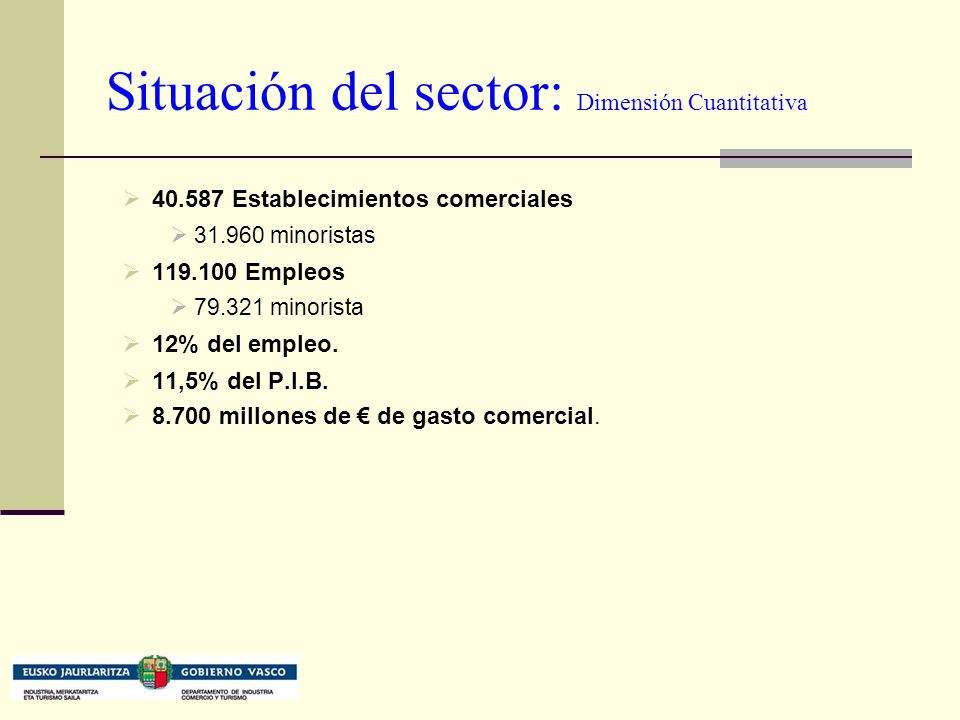 Situación del sector: Dimensión Cuantitativa Establecimientos comerciales minoristas Empleos minorista 12% del empleo.