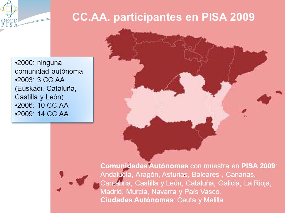 Comunidades Autónomas con muestra en PISA 2009: Andalucía, Aragón, Asturias, Baleares, Canarias, Cantabria, Castilla y León, Cataluña, Galicia, La Rioja, Madrid, Murcia, Navarra y País Vasco.