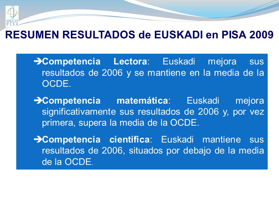 RESUMEN RESULTADOS de EUSKADI en PISA 2009 Competencia Lectora: Euskadi mejora sus resultados de 2006 y se mantiene en la media de la OCDE.