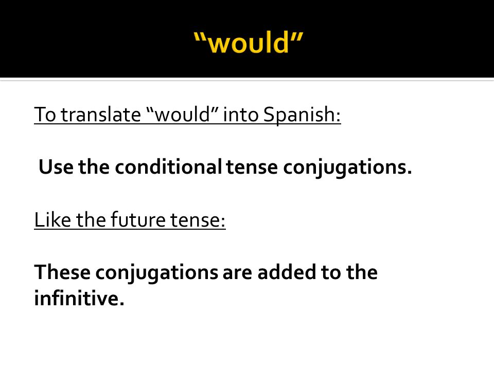 To translate would into Spanish: Use the conditional tense conjugations.