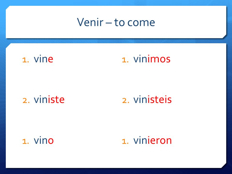 Venir – to come 1. vine 2. viniste 1. vino 1. vinimos 2. vinisteis 1. vinieron