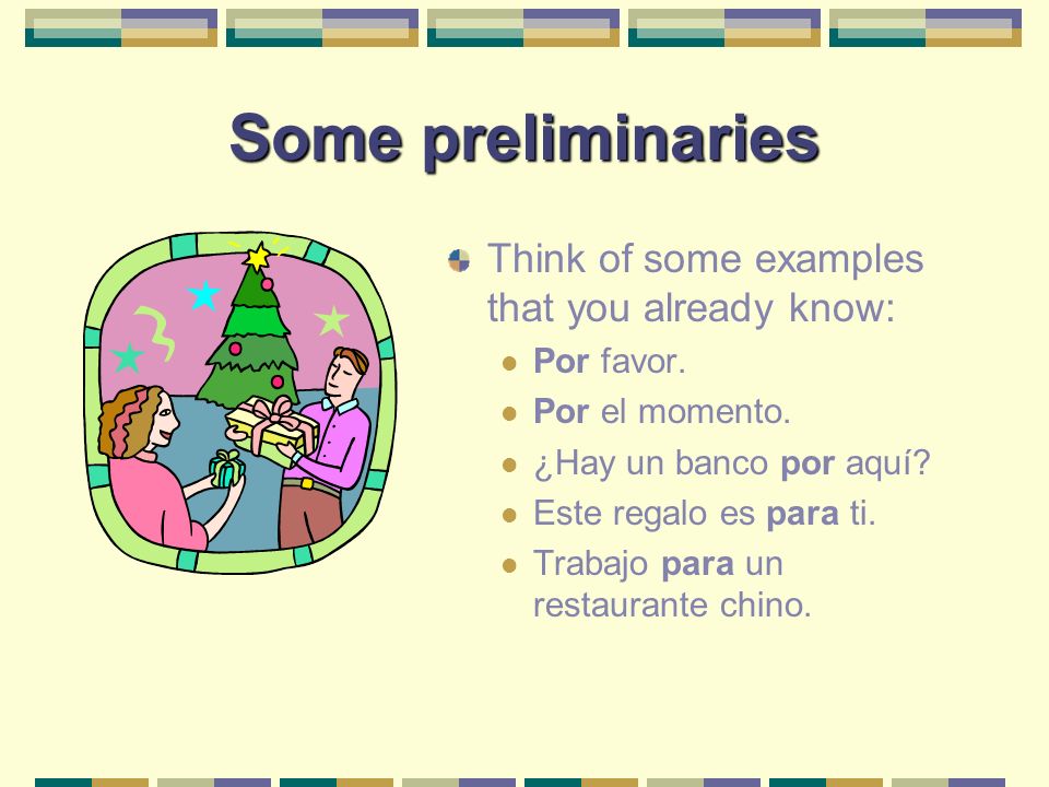 Por y para Youve probably noticed that there are two ways to express for in Spanish: Por Para In this slide show, well look at how these two prepositions are used.