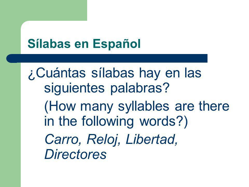 Sílabas en Español A.Counting Syllables in Spanish Syllables are counted by vowels and by diphthongs.