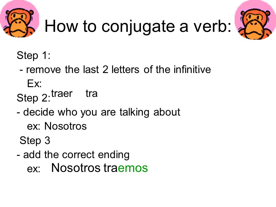 How to conjugate a verb: Step 1: - remove the last 2 letters of the infinitive Ex: Step 2: - decide who you are talking about ex: Nosotros Step 3 - add the correct ending ex: traertra Nosotros traemos