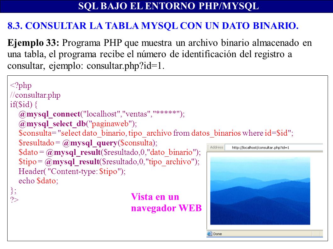 SQL BAJO EL ENTORNO PHP/MYSQL 8.3. CONSULTAR LA TABLA MYSQL CON UN DATO BINARIO.