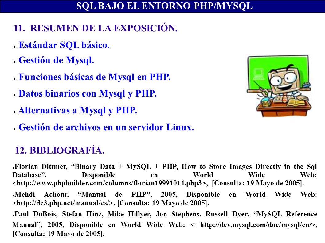 11. RESUMEN DE LA EXPOSICIÓN. SQL BAJO EL ENTORNO PHP/MYSQL Estándar SQL básico.