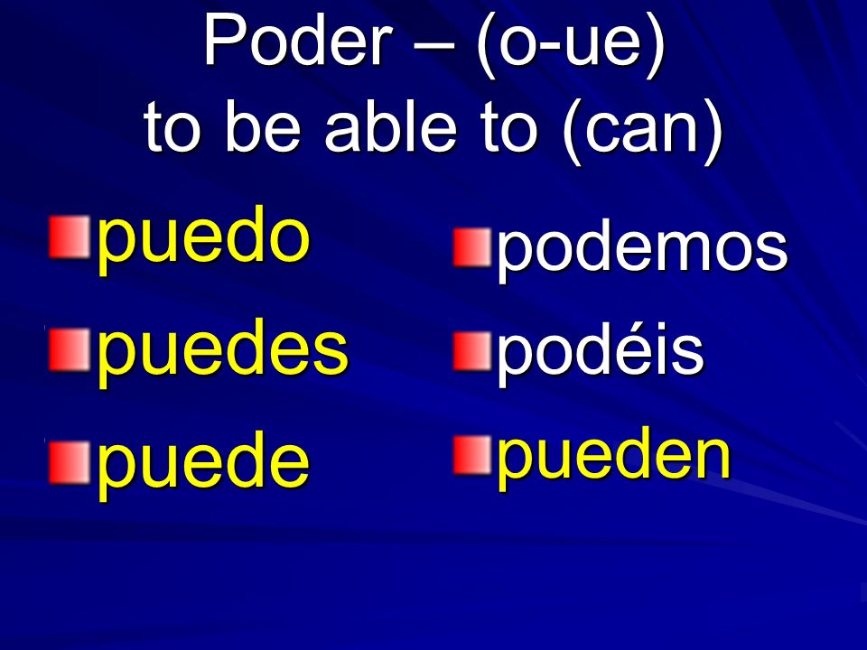 Poder – (o-ue) to be able to (can) puedopuedespuede podemospodéispueden