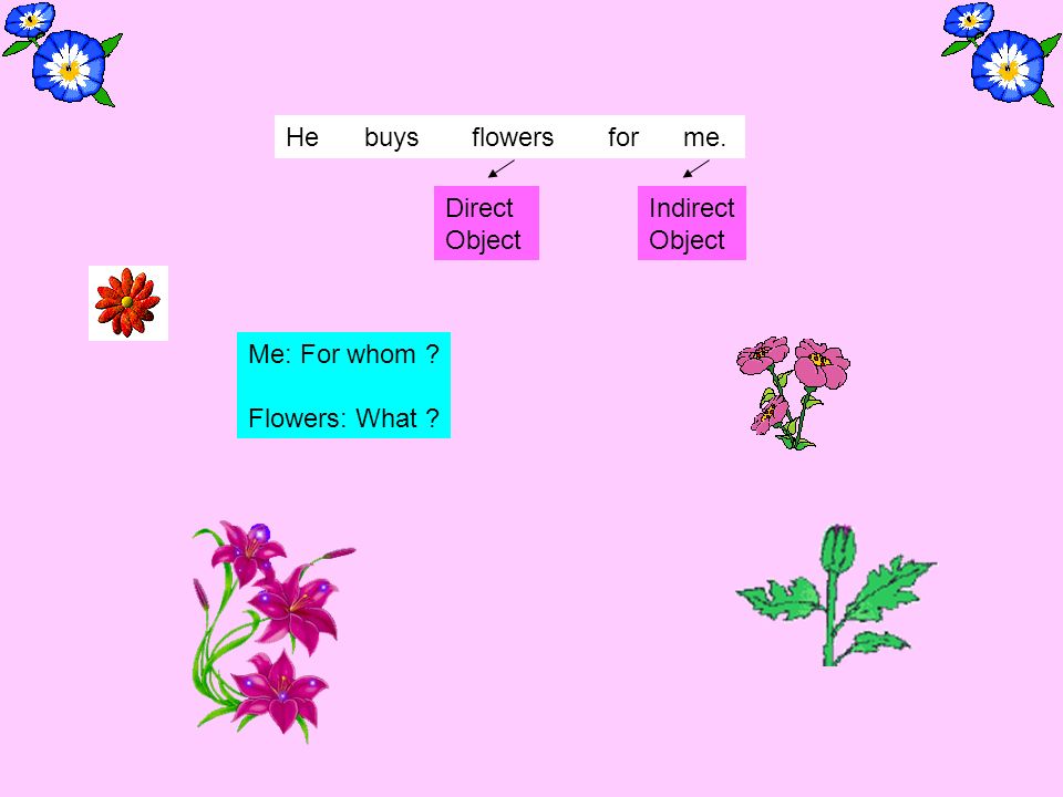 He buys flowers for me. Direct Object Indirect Object Me: For whom Flowers: What