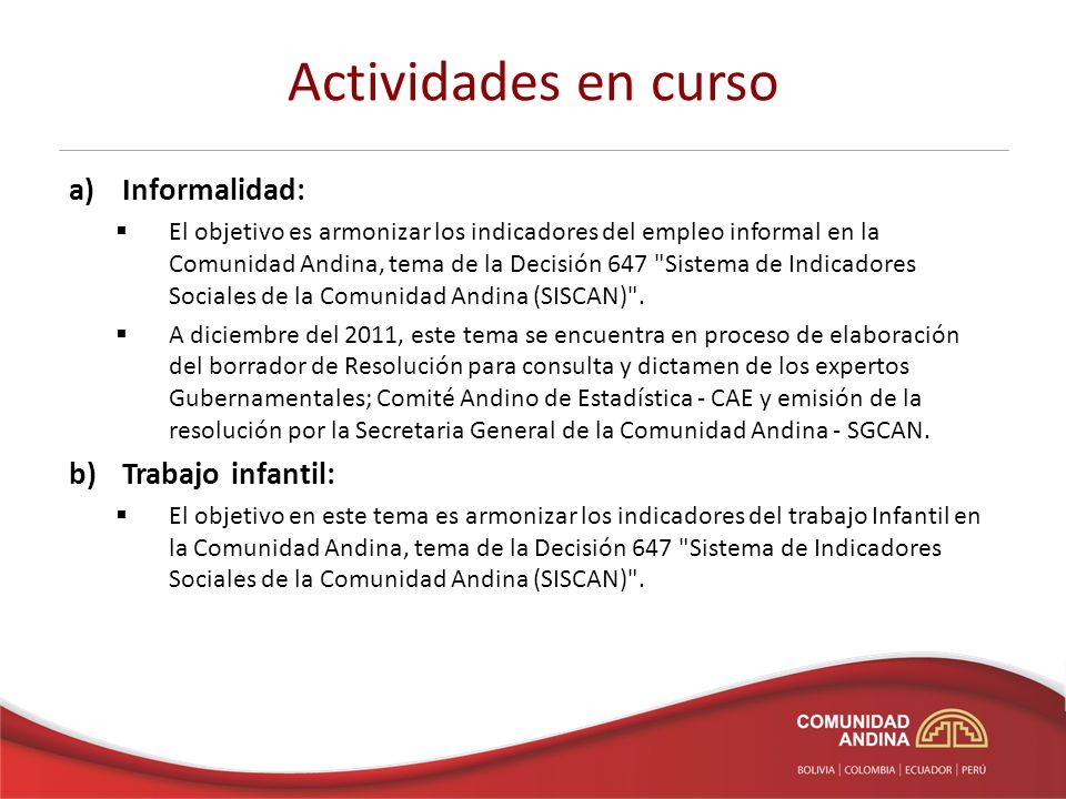 Actividades en curso a)Informalidad: El objetivo es armonizar los indicadores del empleo informal en la Comunidad Andina, tema de la Decisión 647 Sistema de Indicadores Sociales de la Comunidad Andina (SISCAN) .