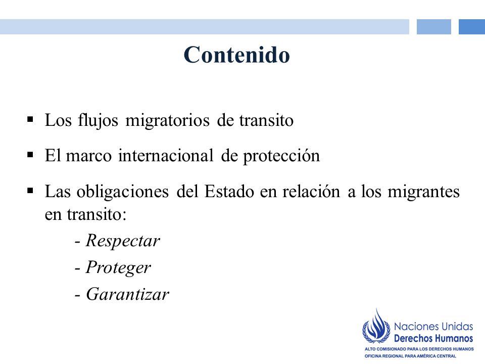 Contenido Los flujos migratorios de transito El marco internacional de protección Las obligaciones del Estado en relación a los migrantes en transito: - Respectar - Proteger - Garantizar