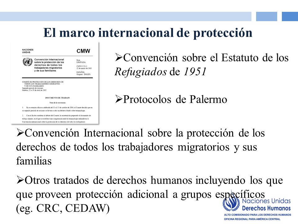 El marco internacional de protección Convención sobre el Estatuto de los Refugiados de 1951 Protocolos de Palermo Convención Internacional sobre la protección de los derechos de todos los trabajadores migratorios y sus familias Otros tratados de derechos humanos incluyendo los que que proveen protección adicional a grupos específicos (eg.