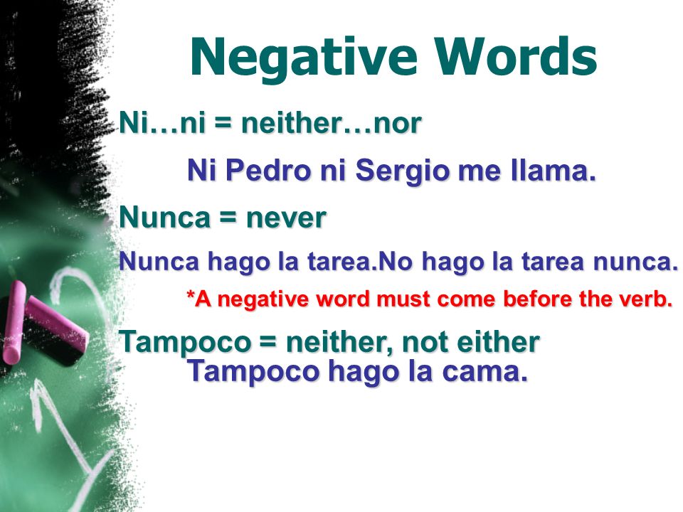 Negative Words *Ningún, ninguno(a) = none, not any No me gusta ningún vestido.