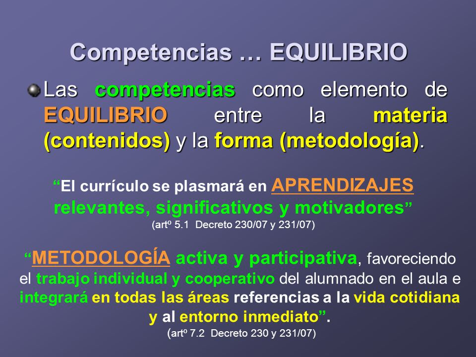 Competencias … EQUILIBRIO Las competencias competencias como elemento de EQUILIBRIO EQUILIBRIO entre la materia (contenidos) (contenidos) y la forma (metodología).