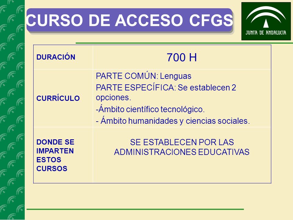 CURSO DE ACCESO CFGS DURACIÓN 700 H CURRÍCULO PARTE COMÚN: Lenguas PARTE ESPECÍFICA: Se establecen 2 opciones.