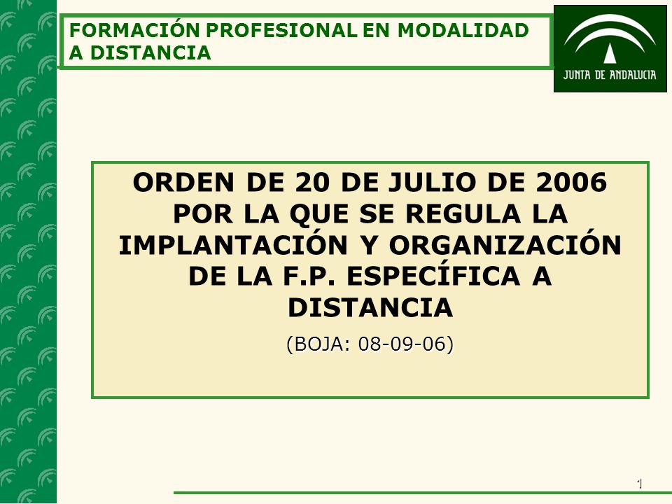 1 FORMACIÓN PROFESIONAL EN MODALIDAD A DISTANCIA ORDEN DE 20 DE JULIO DE 2006 POR LA QUE SE REGULA LA IMPLANTACIÓN Y ORGANIZACIÓN DE LA F.P.