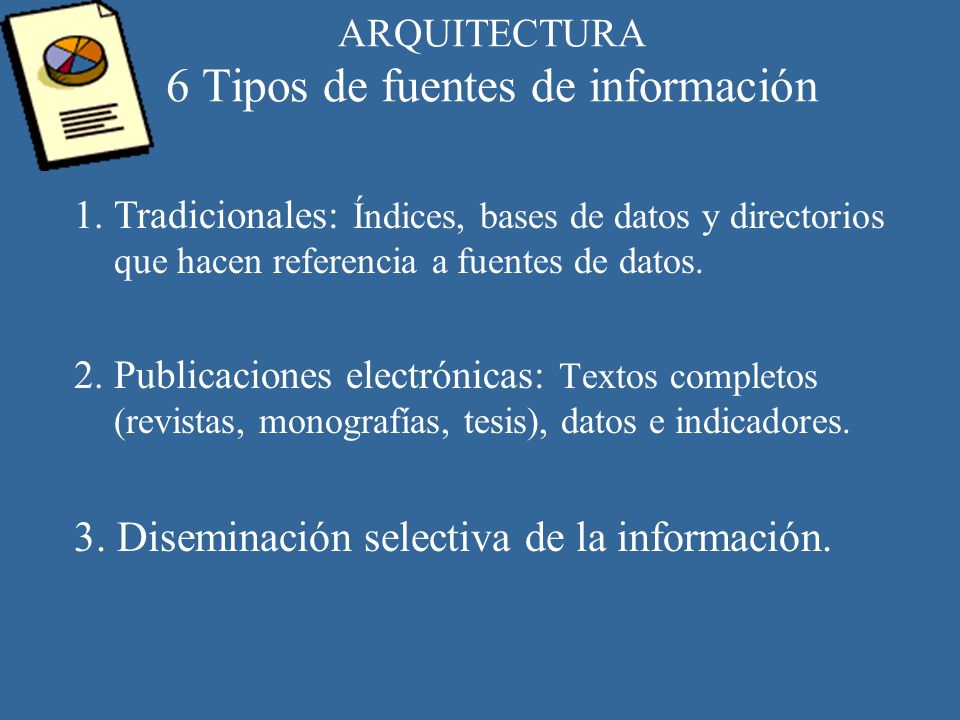 ARQUITECTURA 6 Tipos de fuentes de información 1.