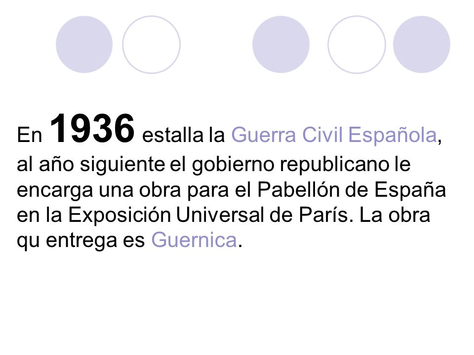 En 1936 estalla la Guerra Civil Española, al año siguiente el gobierno republicano le encarga una obra para el Pabellón de España en la Exposición Universal de París.