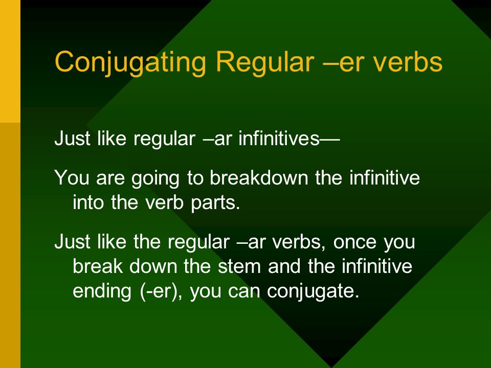 Conjugating Regular –er verbs Just like regular –ar infinitives You are going to breakdown the infinitive into the verb parts.