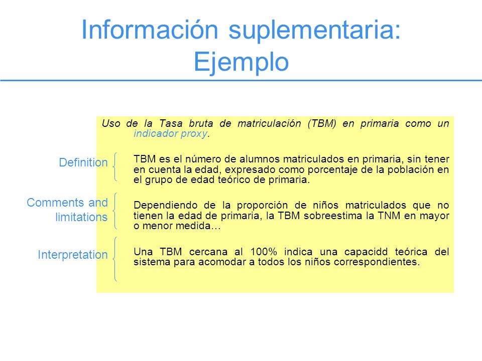 Información suplementaria: Ejemplo Uso de la Tasa bruta de matriculación (TBM) en primaria como un indicador proxy.
