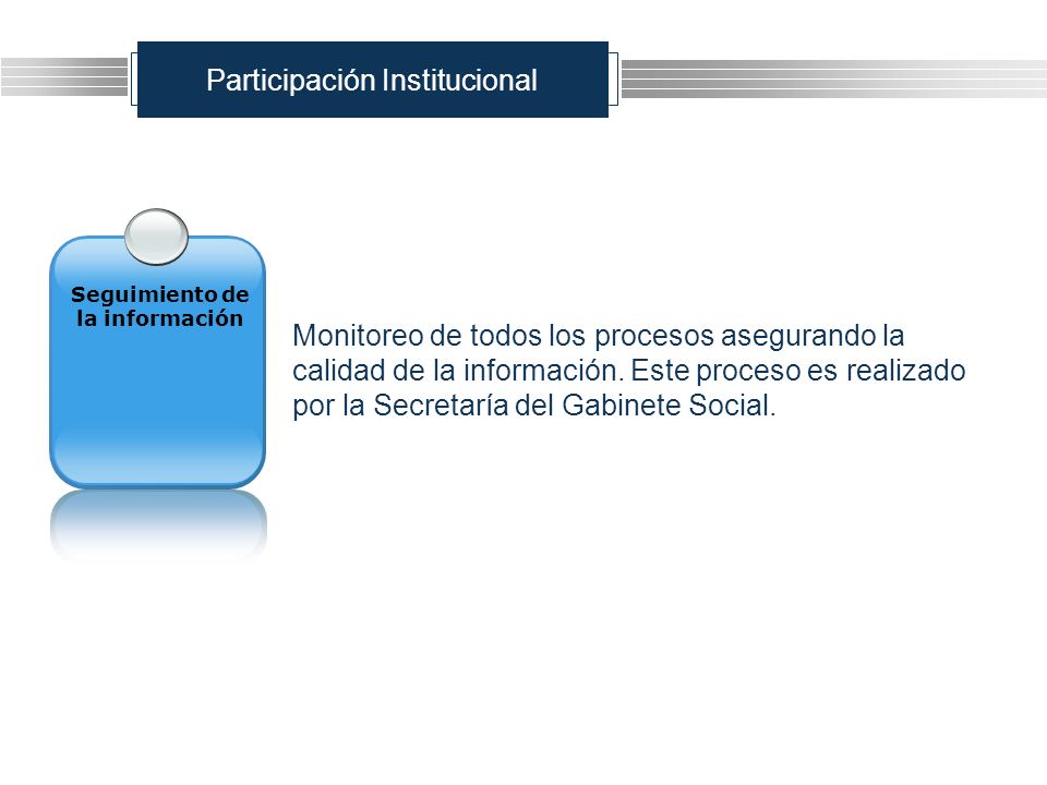 Participación Institucional Seguimiento de la información Monitoreo de todos los procesos asegurando la calidad de la información.
