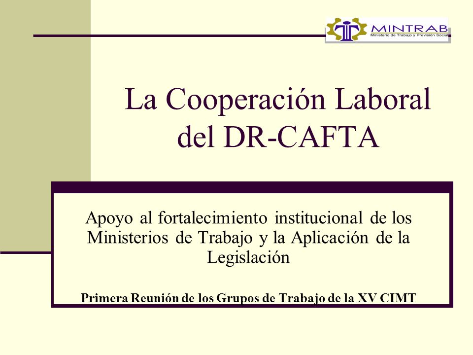 La Cooperación Laboral del DR-CAFTA Apoyo al fortalecimiento institucional de los Ministerios de Trabajo y la Aplicación de la Legislación Primera Reunión de los Grupos de Trabajo de la XV CIMT
