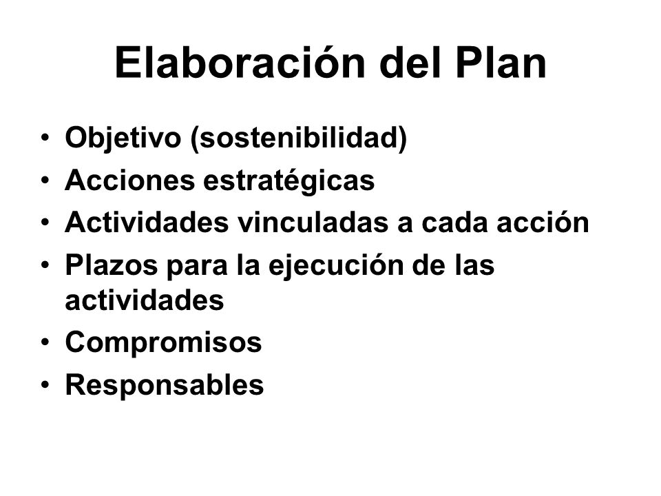 Elaboración del Plan Objetivo (sostenibilidad) Acciones estratégicas Actividades vinculadas a cada acción Plazos para la ejecución de las actividades Compromisos Responsables