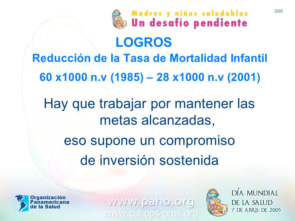 Organización Panamericana de la Salud Reducción de la Tasa de Mortalidad Infantil 60 x1000 n.v (1985) – 28 x1000 n.v (2001) Hay que trabajar por mantener las metas alcanzadas, eso supone un compromiso de inversión sostenida LOGROS