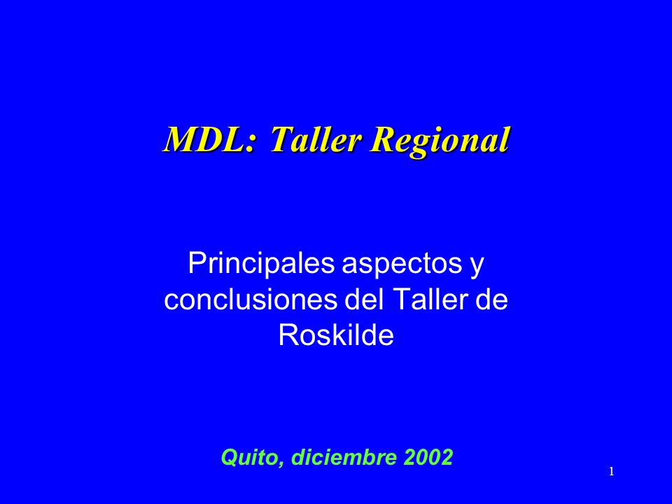 1 MDL: Taller Regional Principales aspectos y conclusiones del Taller de Roskilde Quito, diciembre 2002