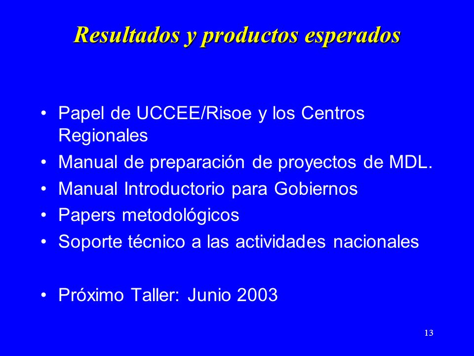 13 Resultados y productos esperados Papel de UCCEE/Risoe y los Centros Regionales Manual de preparación de proyectos de MDL.