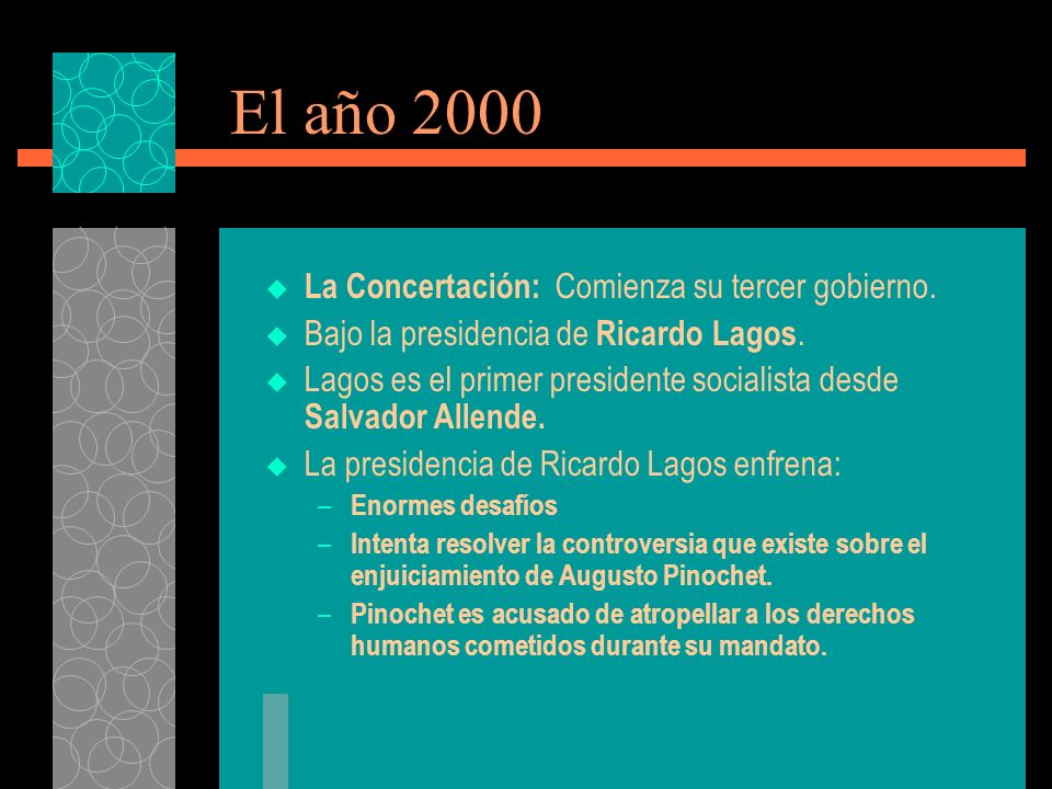 El año 2000 La Concertación: Comienza su tercer gobierno.